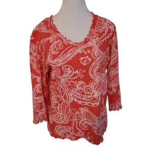 Fresh Produce Size S Coral Voile V-Neck Floral 3/4 Sleeve Top Bright Summer
